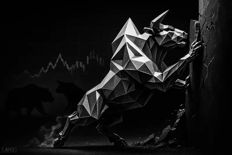 A metallic crystal beast strains against a cracking wall as shadowy bull and bear forms loom in a dark grayscale market scene.