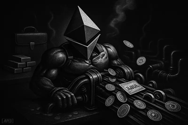 A strained mechanical Ethereum-inspired engine carries heavy financial flow in grayscale while wealth streams past it into shadowy institutional vaults.