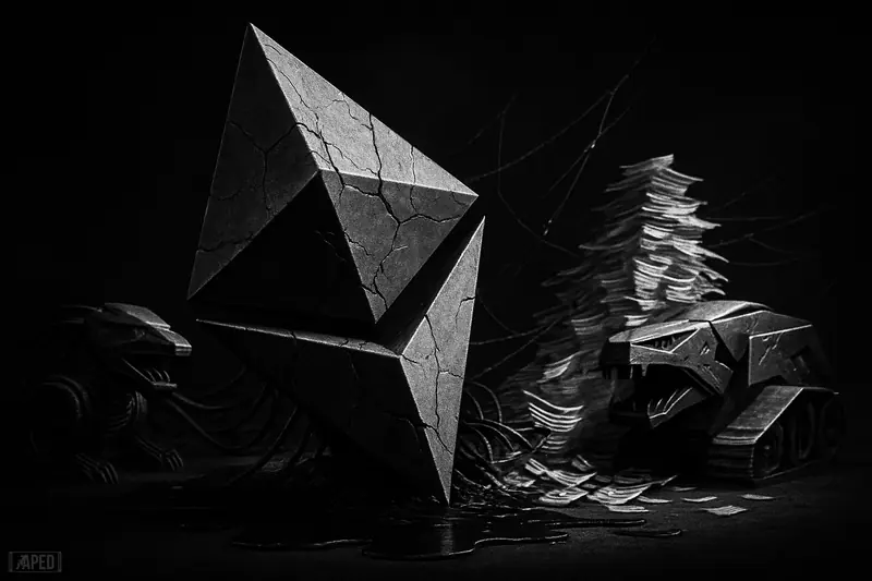A cracked Ethereum crystal leans dangerously while metallic exchange beasts and derivative chains surround it in a dark grayscale scene.