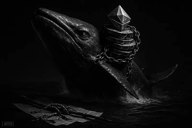 A giant whale bursts from a dark sea clutching Ethereum-like tokens, surrounded by chains and trading debris in stark black and white.