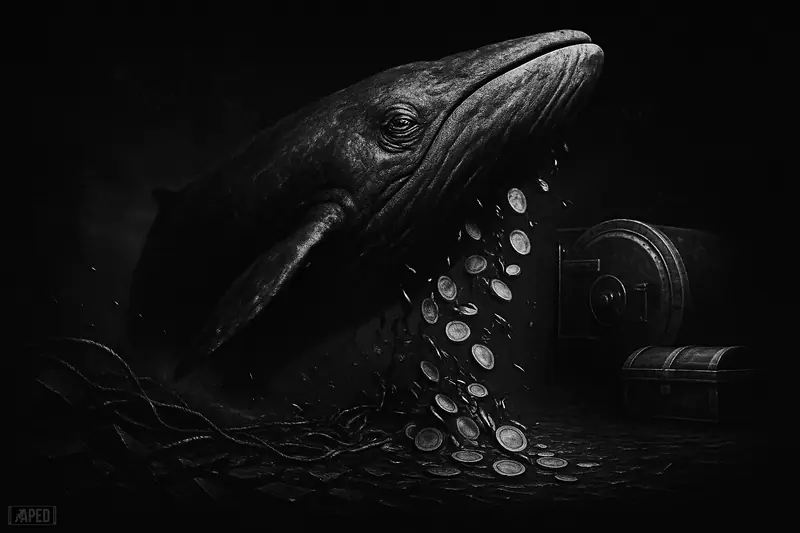 A giant whale bursts from a dark fractured sea as coins and debris spill out near an opened vault in grayscale.
