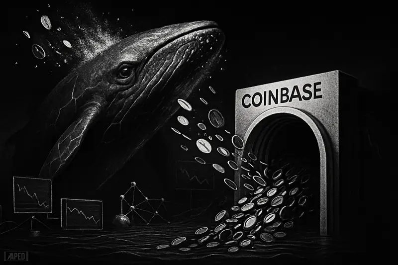 A giant ominous whale surges toward a vault-like crypto exchange structure in a dark grayscale scene with data-grid background.
