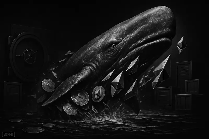 A giant photorealistic whale erupts from a dark exchange-like sea, surrounded by crypto shards and vault imagery in stark grayscale.