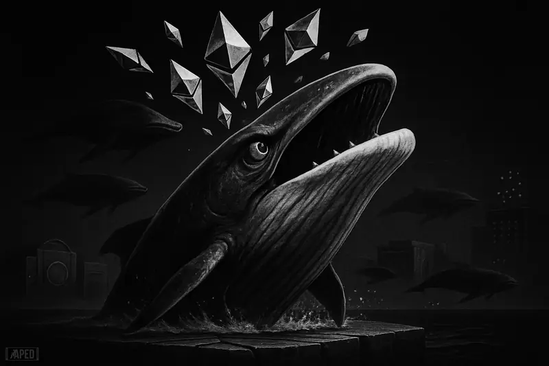 A giant breaching whale gathers Ethereum-like crystal shards above a cracked dark surface, with shadowy whales and a faint data grid behind.