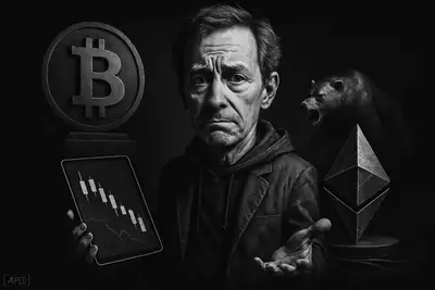Reid stands frustrated before a plunging crypto scene, with a looming bitcoin monolith overpowering a fractured ethereum crystal in grayscale darkness.