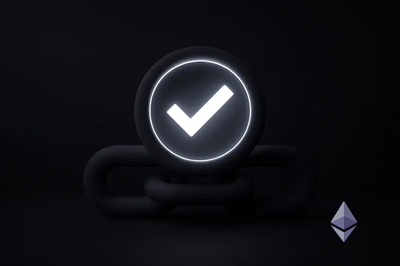 Dark cover with two metallic chain links, a bright green checkmark locking in place, and a thin 13-second clock ring.