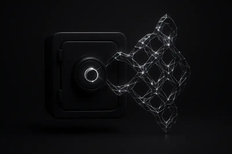 A dark metallic vault cracked open, releasing glowing crystalline blocks that link into a chain over a black background.