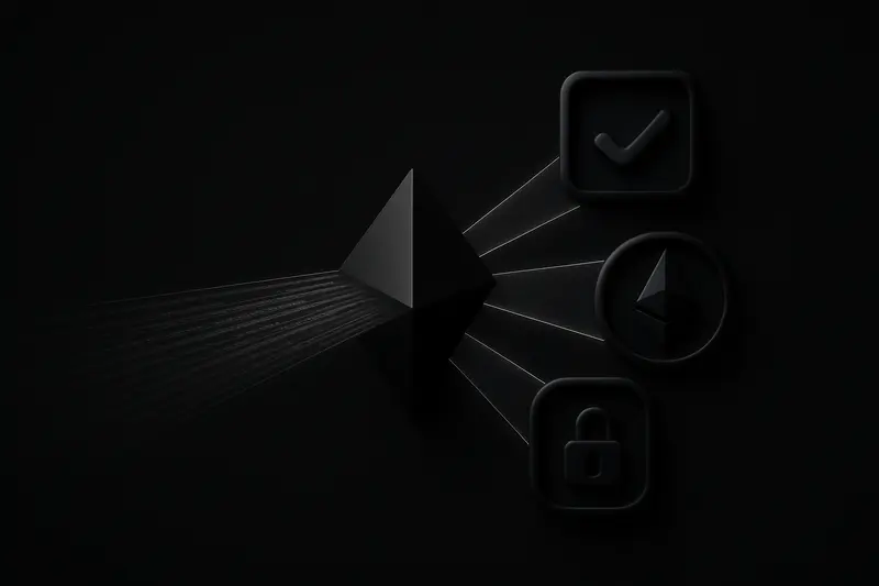 Glowing geometric prism on a dark background refracts a stream of hex-like particles into clean icons and a green checkmark.