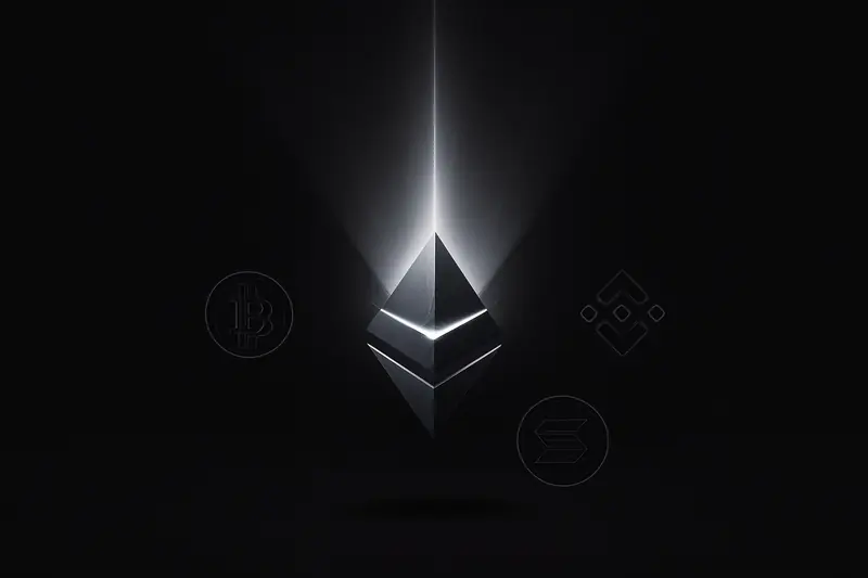 A luminous triangular prism on a black background fractures at the base, sending a bright upward beam with subtle data particles.