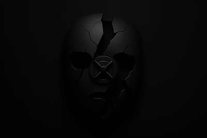 A matte-black vault door with glowing cracks, a torn metallic faceplate peeling away into shadow on a dark background.