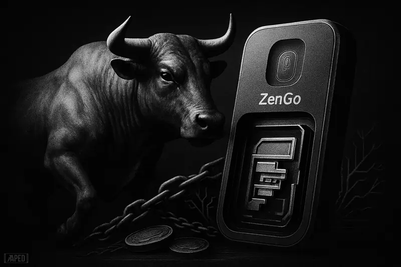 A grayscale bull advances beside a secure vault-like wallet device as digital rails and token forms converge in a dark data-grid scene.