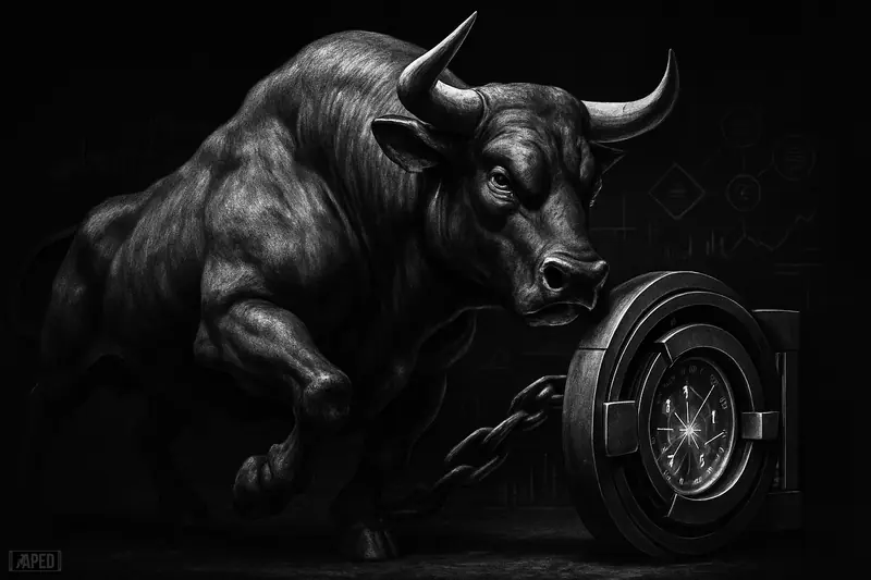 A muscular bull encircles a futuristic crypto wallet vault as onchain market elements flow inward against a dark grid background.