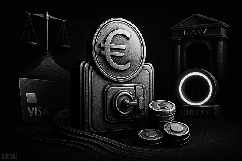 A monochrome euro-themed digital vault towers over smaller stablecoin discs, with payment rails, regulation symbols, and corporate props in a dark data-grid scene.