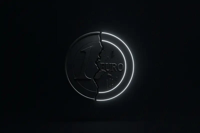 On a black background, a fractured metallic euro coin morphs into a luminous circular token with faint circuit lines.