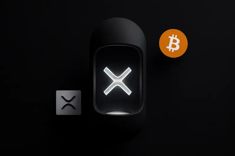 A luminous X-shaped crystal suspended in a transparent capsule, surrounded by metallic rings and faint gridlines on a black background.