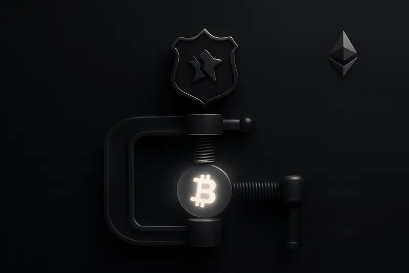 A cracked metal police badge grips a glowing gold coin in a dark vise, with faint digital circuit lines behind.