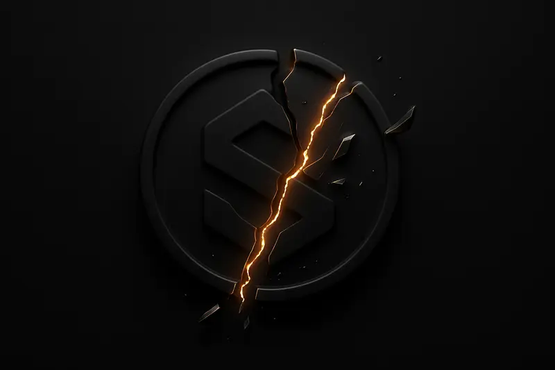 Black background with a cracked obsidian coin, molten gold seam redirecting glowing fragments into a small locked vault shape.