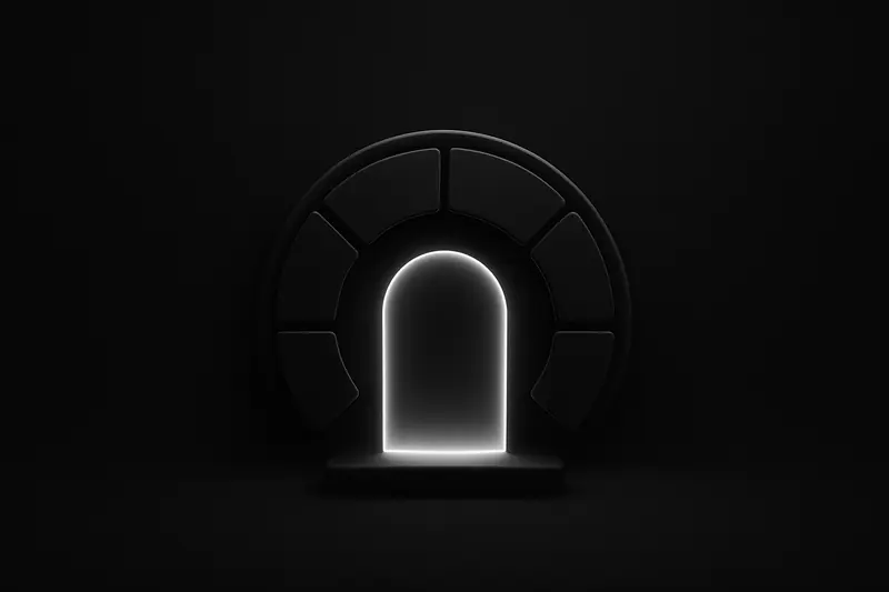 Glowing circular portal connects scattered blockchain nodes, while a dark metallic shield and segmented gauge hover above on a black background.
