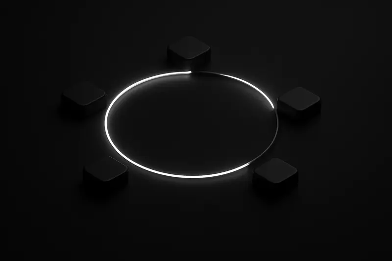 Neon fiber-optic loop encircles scattered glowing nodes, with sharp light streaks converging on a central hub over black background.