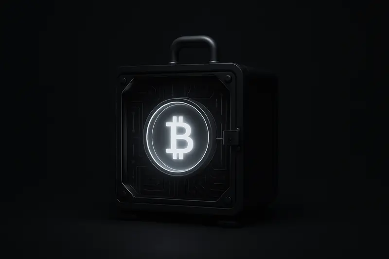 A luminous coin suspended inside a transparent glass vault, wrapped by circuit traces and padlock shapes on a black background.