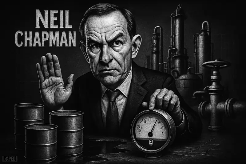 Neil Chapman warns beside empty oil barrels and strained refinery equipment in a dark monochrome scene suggesting a looming crude supply crisis.