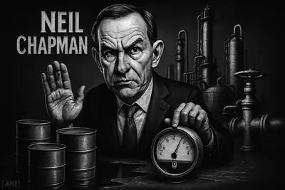 Neil Chapman warns beside empty oil barrels and strained refinery equipment in a dark monochrome scene suggesting a looming crude supply crisis.