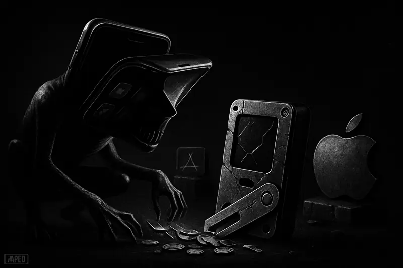 A fake app creature breaches a hardware wallet as a shadowed apple-shaped emblem looms nearby in a dark grayscale tech scene.