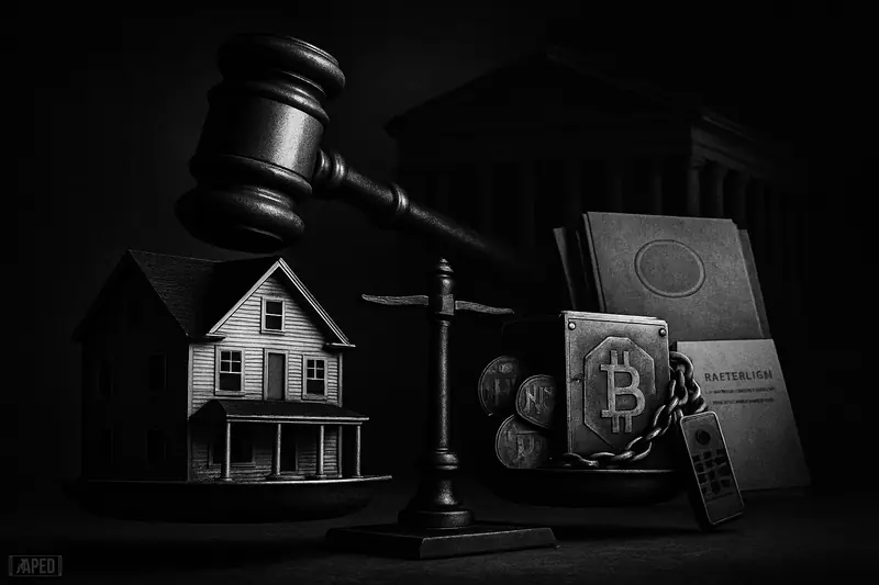 A grayscale, moody scene of a house on a balance scale against chained crypto vault, under a looming gavel and dark federal building.