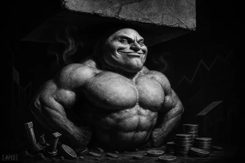 A swollen meme creature smirks beneath a low stone ceiling as vapor rises and market debris swirls in a dark grayscale scene.