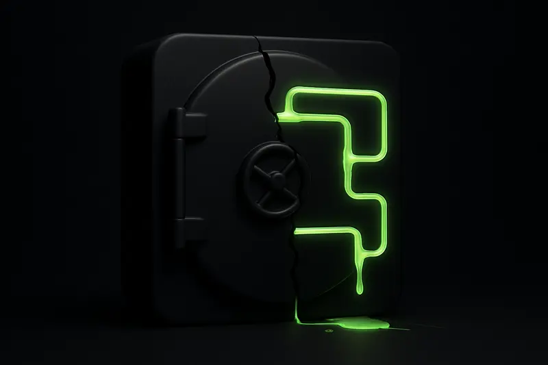 Neon-green liquid flows through a dark circuit-tube network, seeping from a cracked matte-black vault on black background.