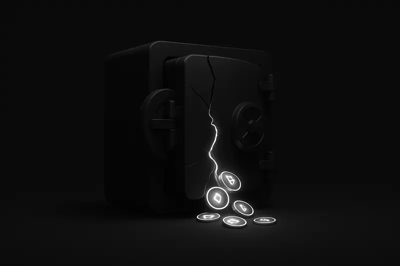 Matte black steel vault with a jagged crack, neon coin-like glyphs spilling out, and faint fingerprint patterns in the shadows.