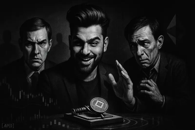 Three exaggerated photorealistic men loom over a baited crypto trap in a dark grayscale trading scene with surveillance and market-chaos imagery.