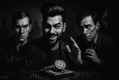 Three exaggerated photorealistic men loom over a baited crypto trap in a dark grayscale trading scene with surveillance and market-chaos imagery.