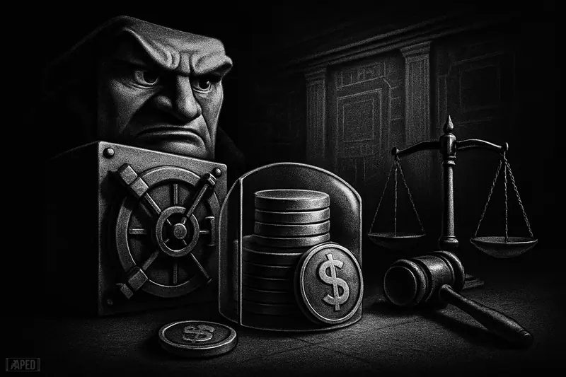 A guarded vault, scales, and isolated stablecoin sit in a dark banking hall, suggesting strict crypto regulation and limited protection.