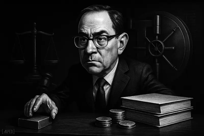 Michael Barr stands over a voting table with legal binders, tokens, scales, and vault machinery in a dark grayscale regulatory chamber.