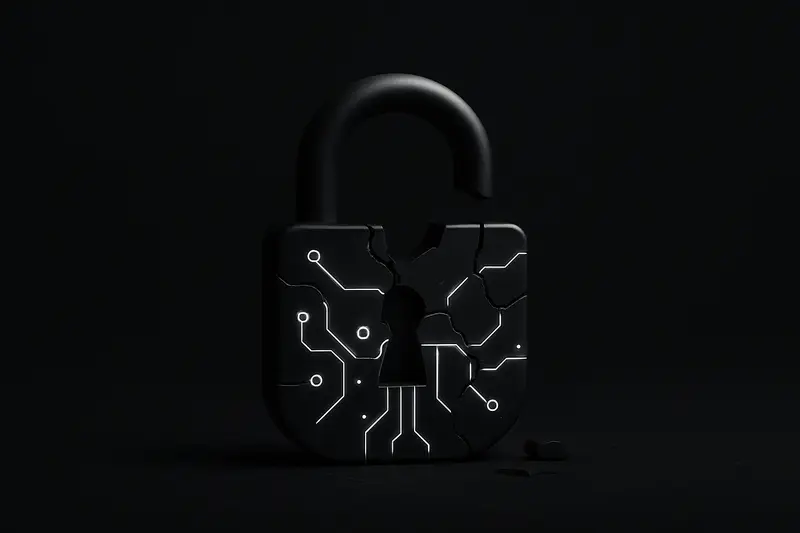 Cracked neon padlock over a dark circuit board, with faint red warning shards fading into a calm black background.