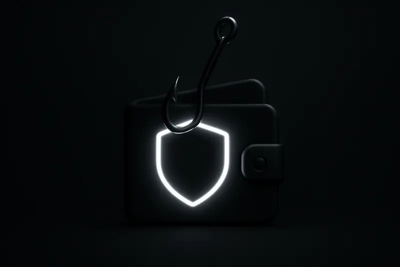 Glowing digital wallet lock with a thin hooked line pulling a bright signature-like ribbon on a dark background.