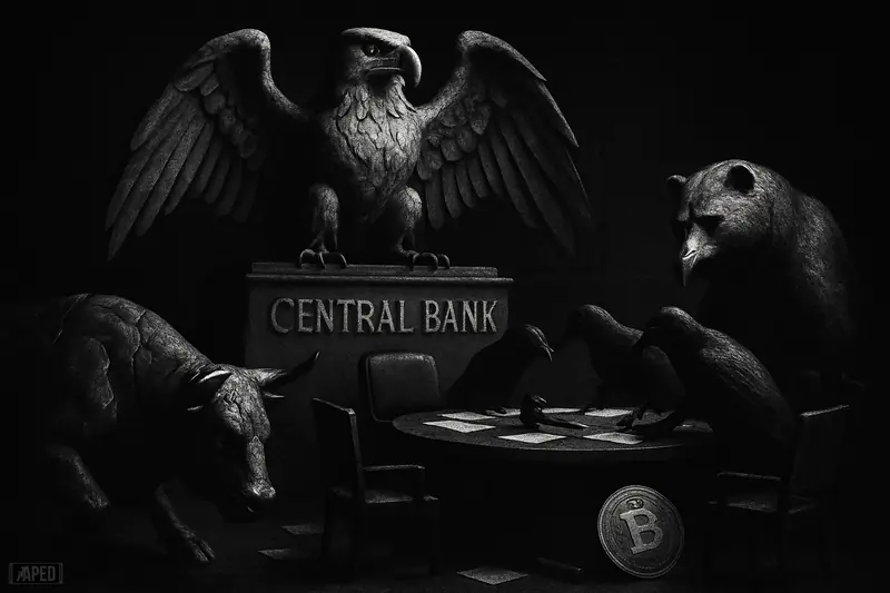 A stone eagle confronts three raven-like dissenters above a policy table while a cracked bull and looming bear signal shaken crypto markets.
