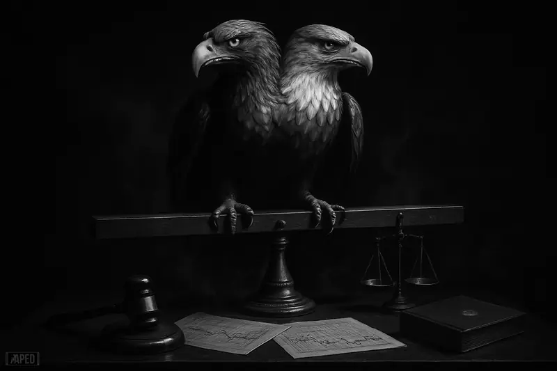 A two-headed eagle balances over policy symbols in a dark central-bank chamber, signaling a divided rate decision and tense market mood.
