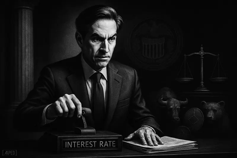 Kevin Warsh stands at a central bank dais beside a still rate lever, with shadowy bull and bear figures in a dark grayscale chamber.