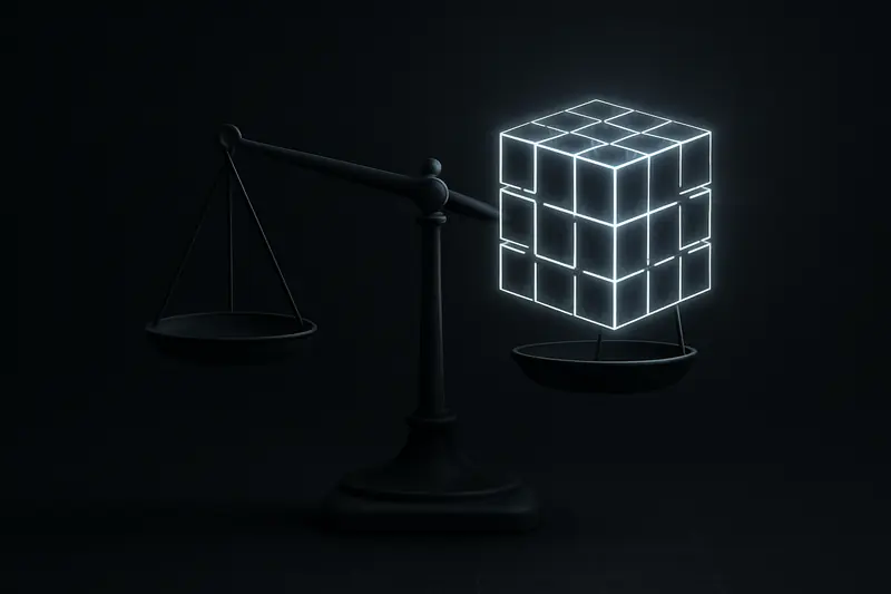 Dark balance scale holding a luminous, grid-patterned cube and a heavy steel block, perfectly level on a black background