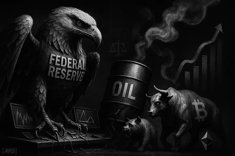 A mechanical hawk looms over a cracked trading desk as leaking oil and distressed market animals suggest inflation and rate-hike fears.