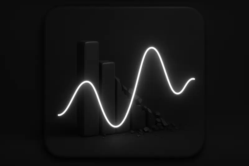 Glowing neon waveform and floating yes-no tiles rise over fading bar-chart blocks on a dark, futuristic background.