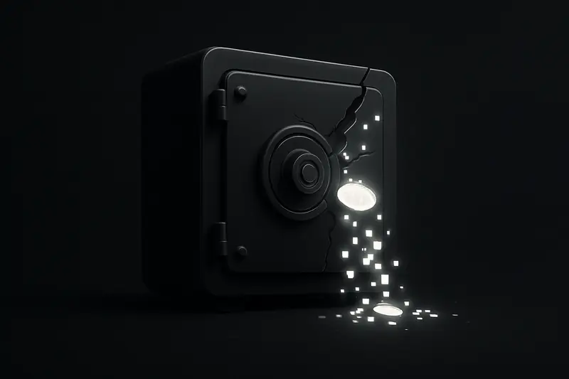 A matte-black steel vault door with a spiderweb crack, spilling faint neon-blue pixel coins into darkness.