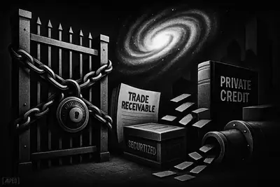 A giant fortified fence and swirling galaxy machine loom over tokenized finance objects in a dark monochrome institutional crypto scene.