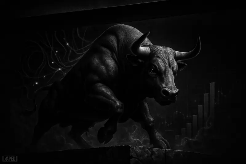 A grayscale mechanical bull braces on a ledge beneath a barrier, surrounded by AI circuitry and breakout tension in a dark cinematic scene.