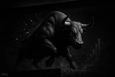 A grayscale mechanical bull braces on a ledge beneath a barrier, surrounded by AI circuitry and breakout tension in a dark cinematic scene.