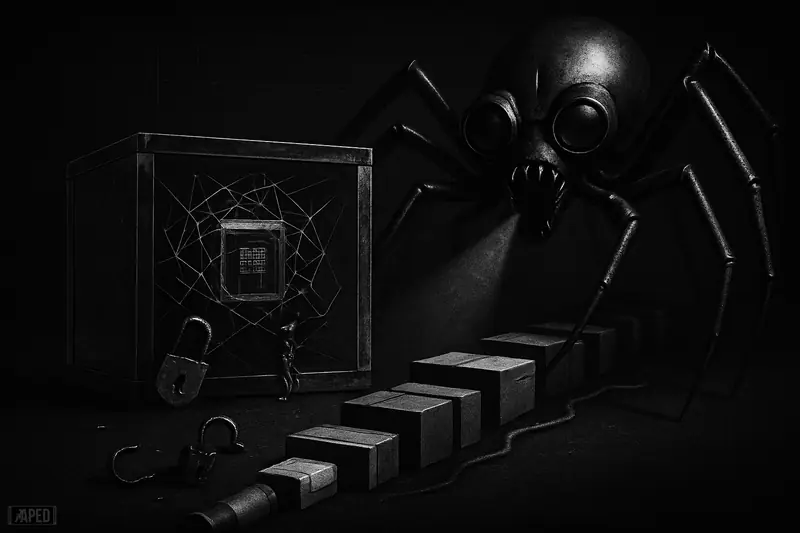 A monstrous quantum-machine caricature drags stored data toward itself while a glass vault with lattice shields protects encrypted computation in darkness.