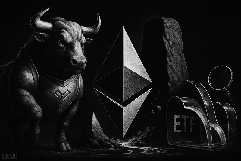 A grayscale bull advances beside a crumbling dark monolith, flanking a crystalline Ethereum obelisk amid tense ETF flow channels.