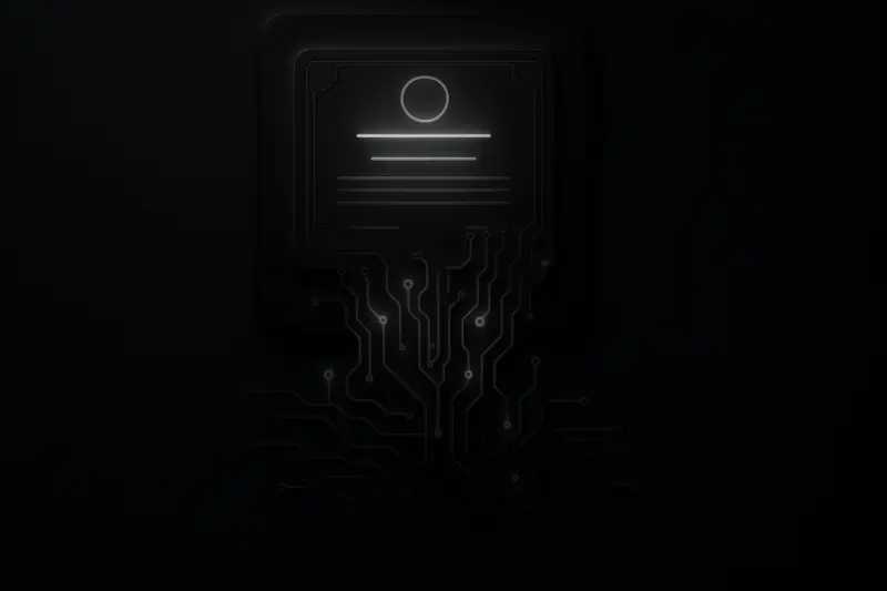 A dark background with a glowing stock certificate fragmenting into neon blocks and circuit lines, forming a sleek digital grid.
